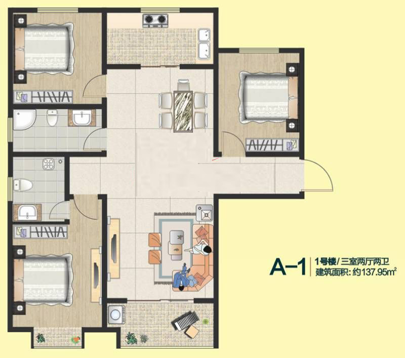 1號(hào)樓  3室3廳2衛(wèi) 137.95㎡